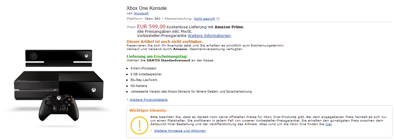 Xbox One jetzt bei Amazon vorbestellbar