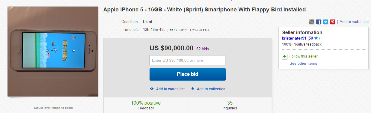 iPhone 5 mit Flappy Bird für 90.000 Dollar bei Ebay