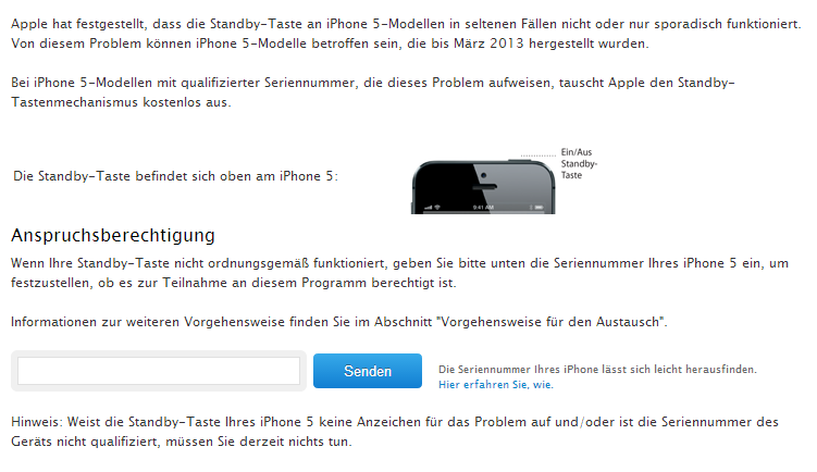 Apple: Programm zum Austausch der Standby-Taste des iPhone 5