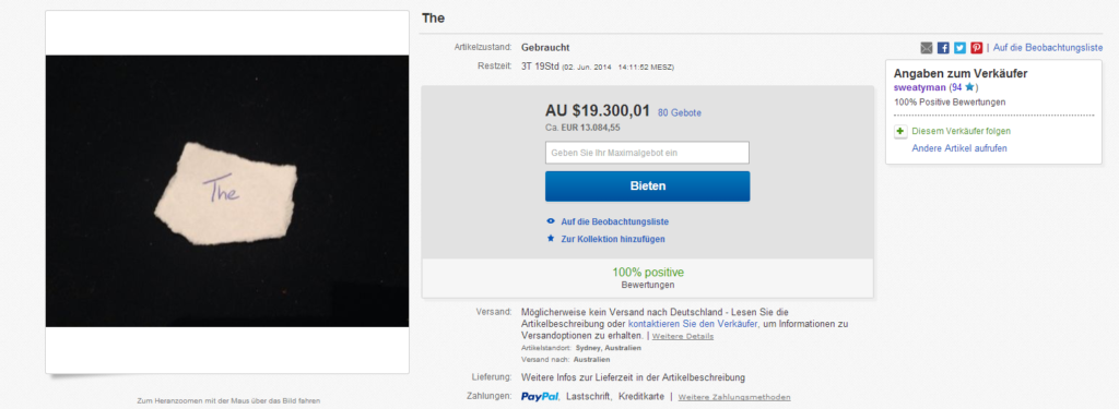 eBay: “The” auf Papier geschrieben für nur $19.300