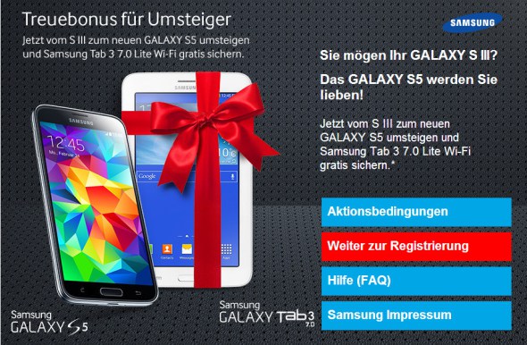 Samsung: Gratis Galaxy Tab 3 7.0 Lite beim Umstieg auf das Galaxy S5