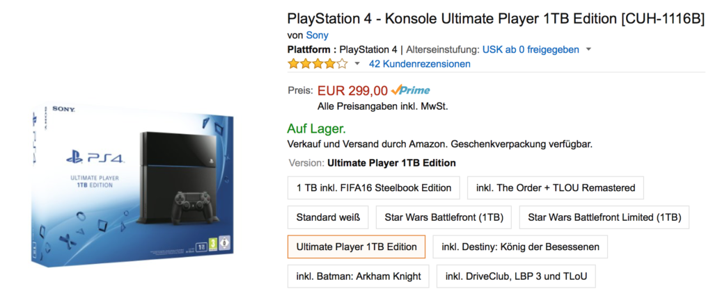 Deal: PlayStation 4 – Ultimate Player 1TB Edition für 299 Euro